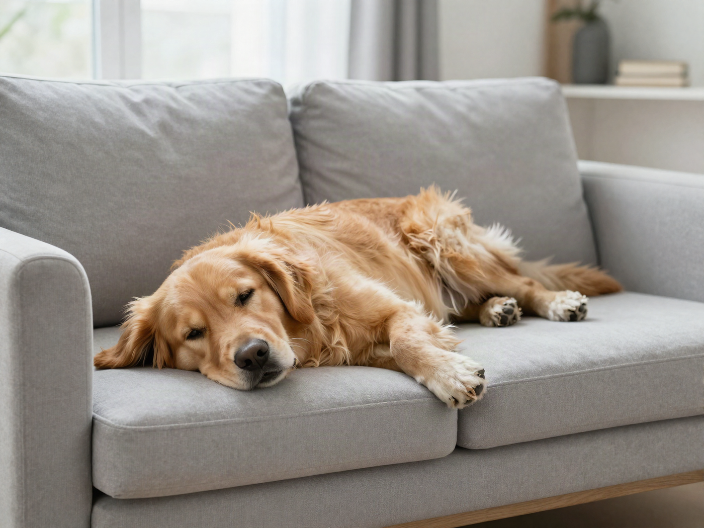 Golden retriever resting on a gray couch