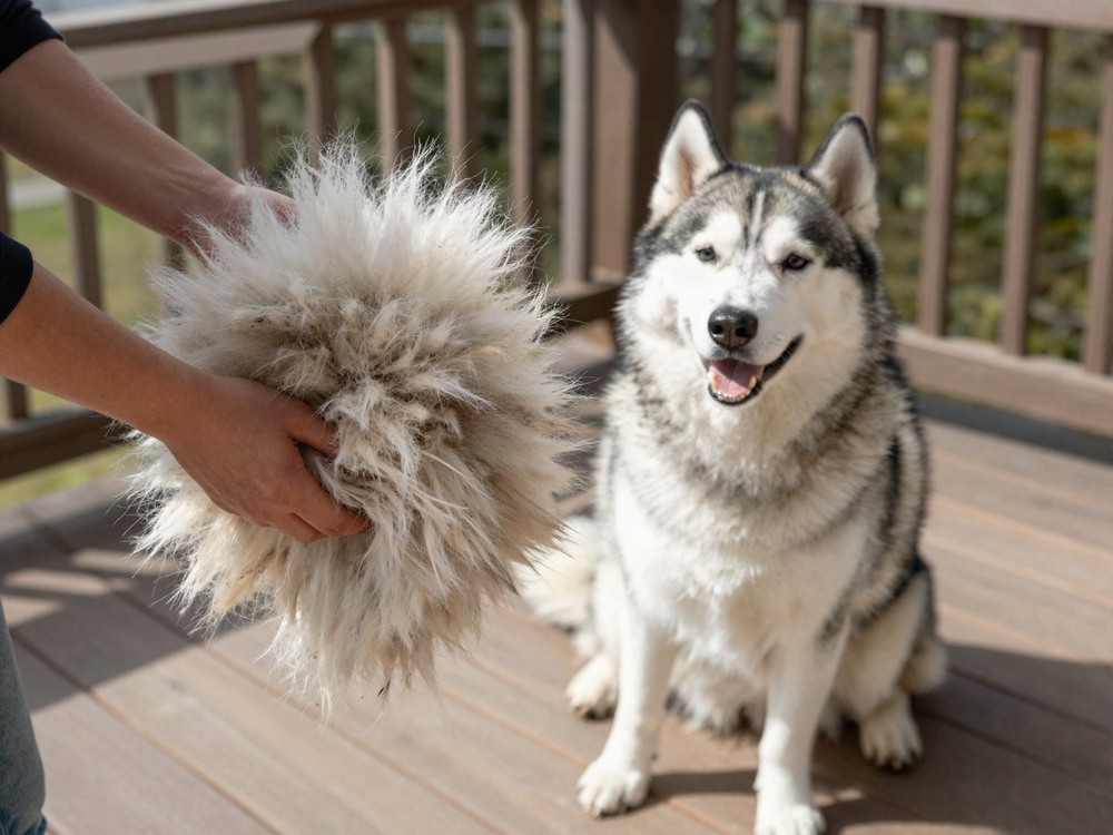 A handful of shed undercoat next to a husky on a porch