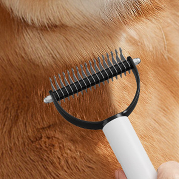 Undercoat rake pulling loose fluff from a thick coat